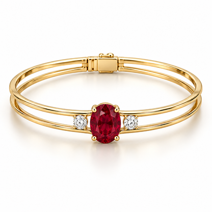 MISSISSI H26-RB01 yellow gold double-rail bangle with an oval lab-grown ruby and two round lab-grown diamonds. Main product view.; design visualization