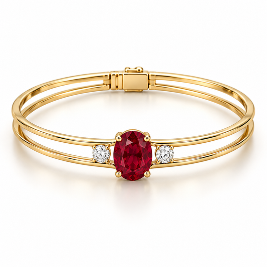 MISSISSI H26-RB01 yellow gold double-rail bangle with an oval lab-grown ruby and two round lab-grown diamonds. Main product view.; design visualization