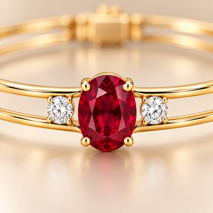 MISSISSI H26-RB01 yellow gold double-rail bangle with an oval lab-grown ruby and two round lab-grown diamonds. Stone-setting craftsmanship close-up.; design visualization