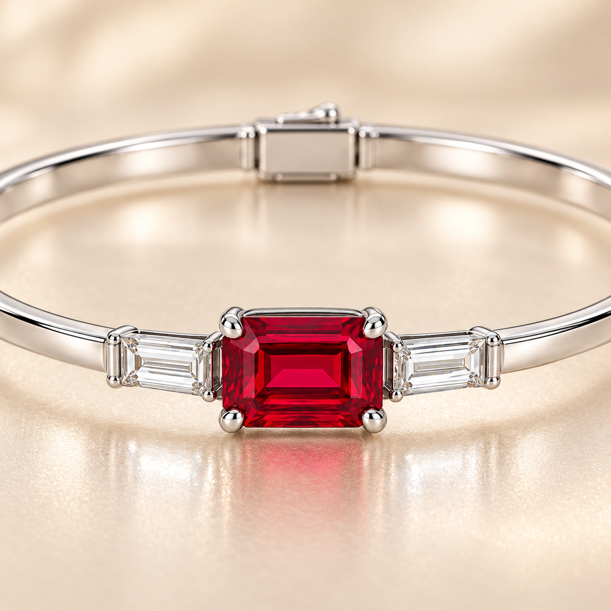 MISSISSI H26-RB02 white gold bangle with an east-west emerald-cut lab-grown ruby and two baguette lab-grown diamonds. Stone-setting craftsmanship close-up.; design visualization