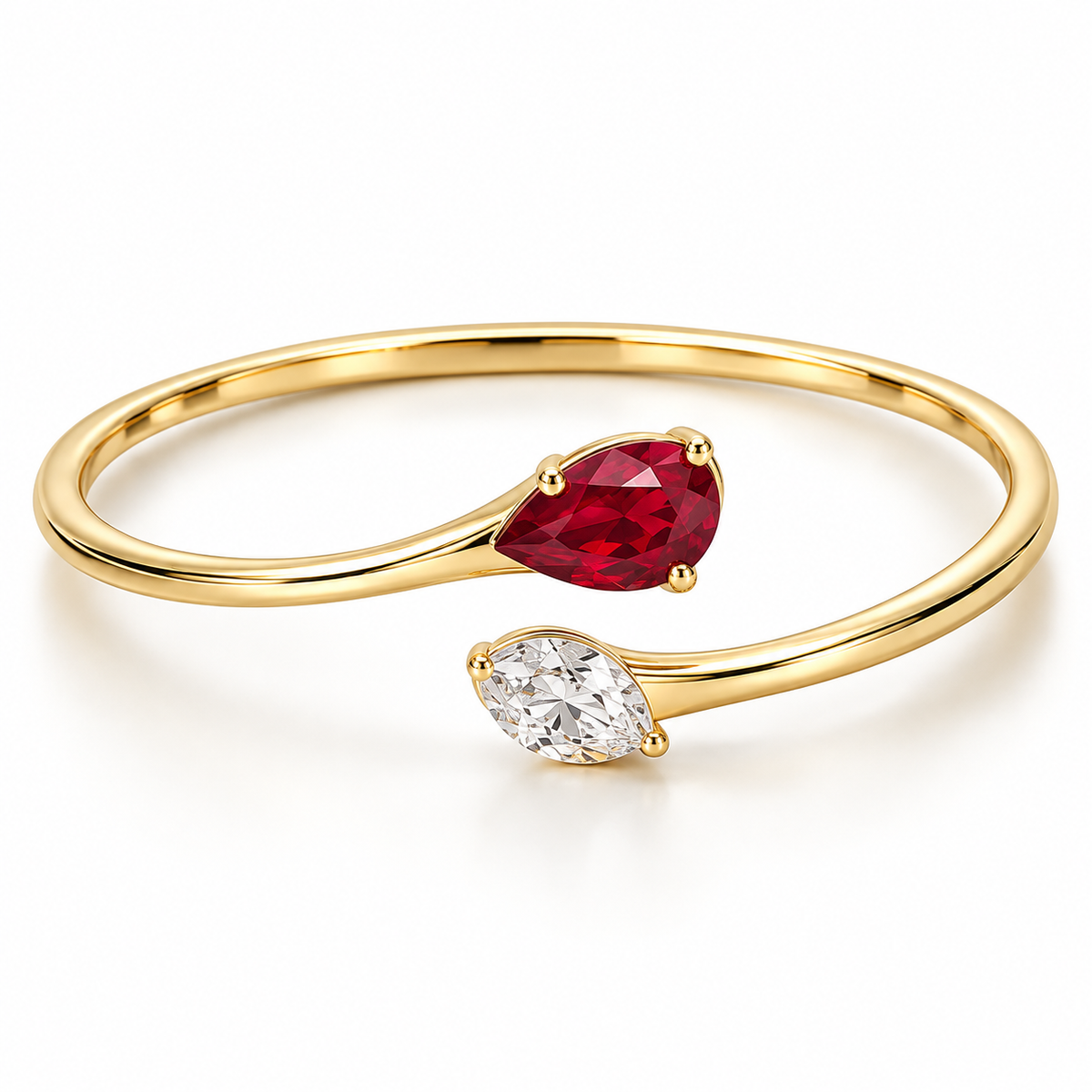 MISSISSI H26-RB03 yellow gold bypass bangle with red lab-grown ruby and white lab-grown diamond tips. Main product view.; design visualization