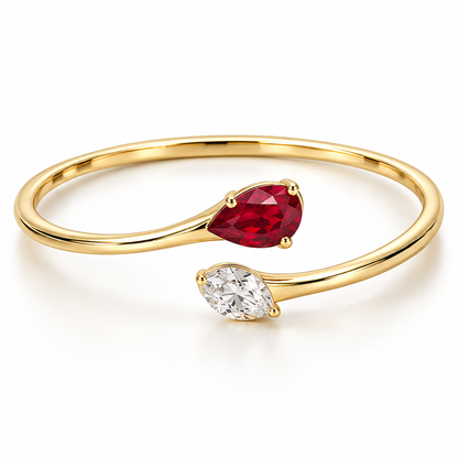 MISSISSI H26-RB03 yellow gold bypass bangle with red lab-grown ruby and white lab-grown diamond tips. Main product view.; design visualization