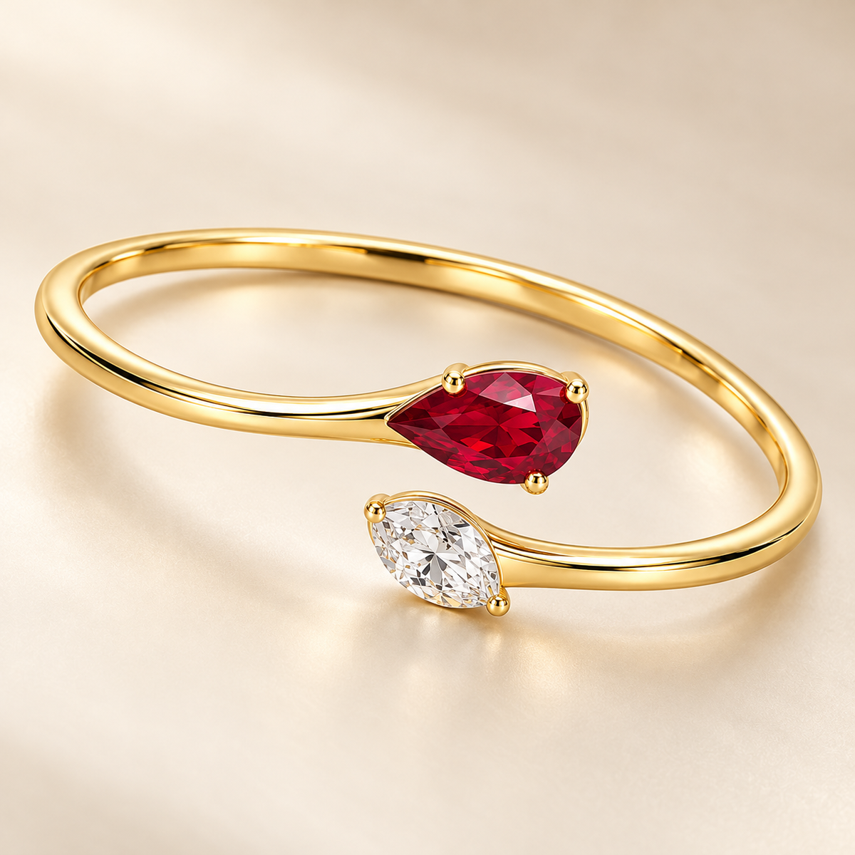 MISSISSI H26-RB03 yellow gold bypass bangle with red lab-grown ruby and white lab-grown diamond tips. Complementary angle on champagne background.; design visualization