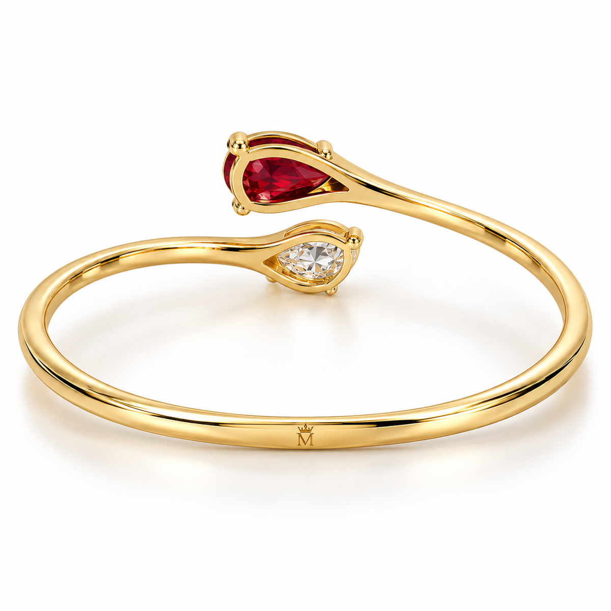 MISSISSI H26-RB03 yellow gold bypass bangle with red lab-grown ruby and white lab-grown diamond tips. Rear structure with crown-M engraving visualization.; design visualization