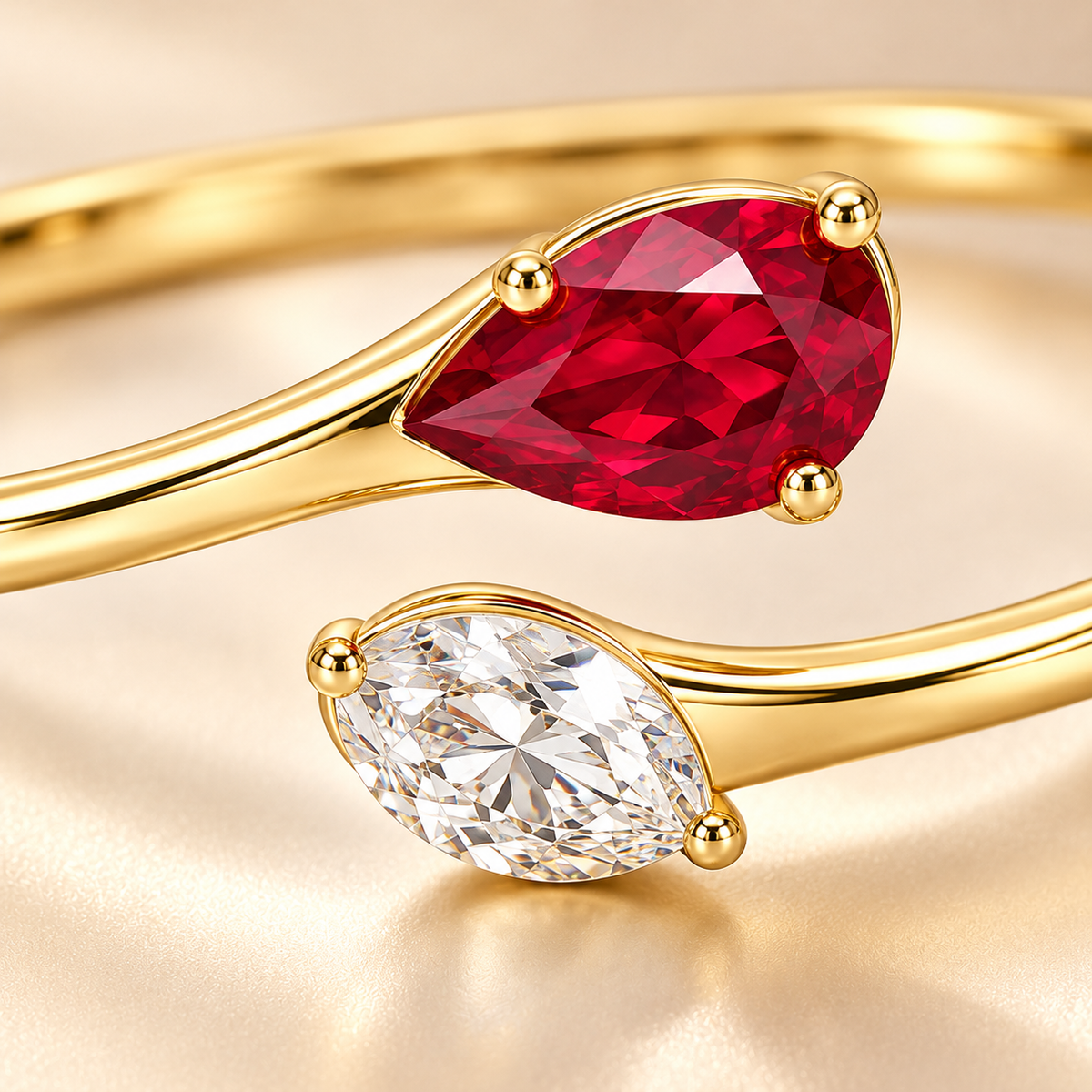 MISSISSI H26-RB03 yellow gold bypass bangle with red lab-grown ruby and white lab-grown diamond tips. Stone-setting craftsmanship close-up.; design visualization