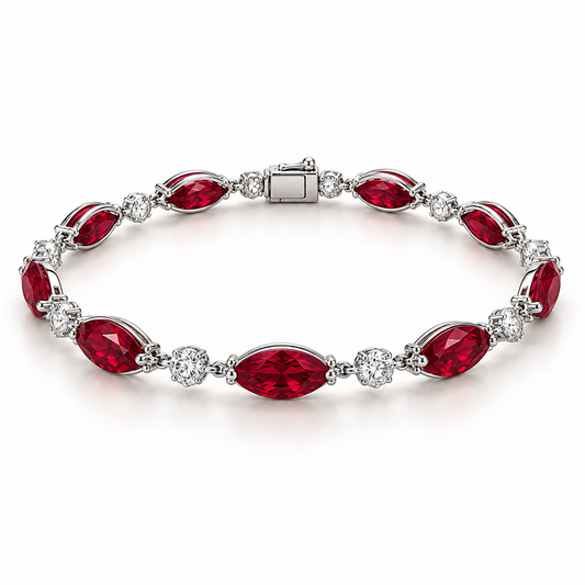 MISSISSI H26-RB04 white gold articulated bracelet with nine graduated marquise lab-grown rubies and ten round lab-grown diamonds. Main product view.; design visualization