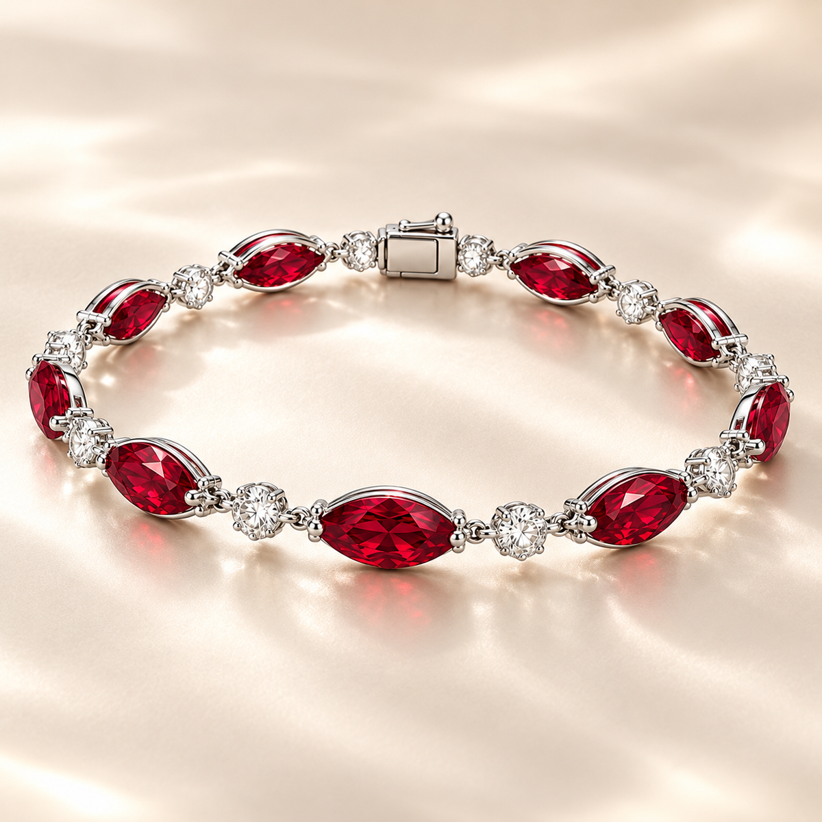 MISSISSI H26-RB04 white gold articulated bracelet with nine graduated marquise lab-grown rubies and ten round lab-grown diamonds. Complementary angle on champagne background.; design visualization