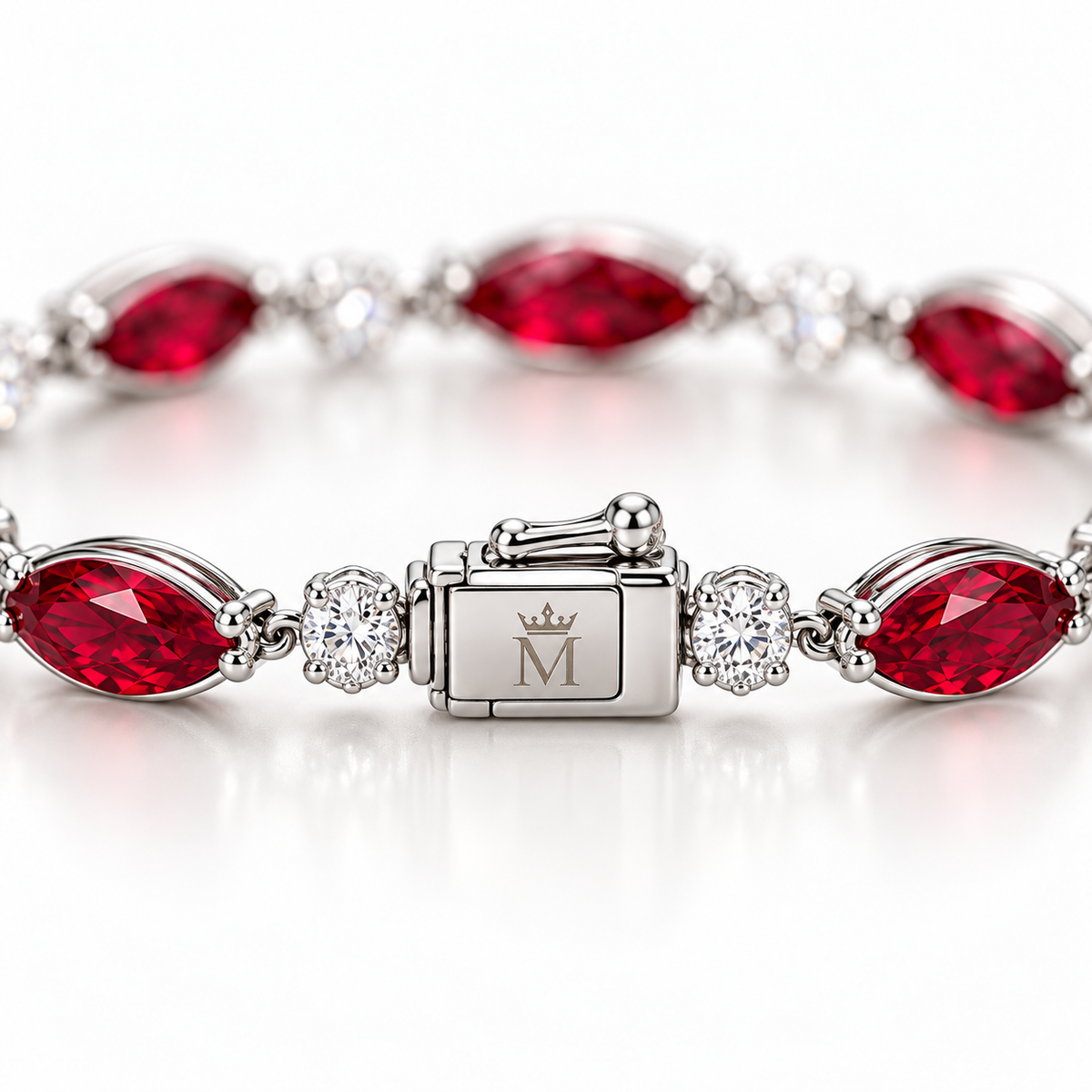 MISSISSI H26-RB04 white gold articulated bracelet with nine graduated marquise lab-grown rubies and ten round lab-grown diamonds. Rear structure with crown-M engraving visualization.; design visualization