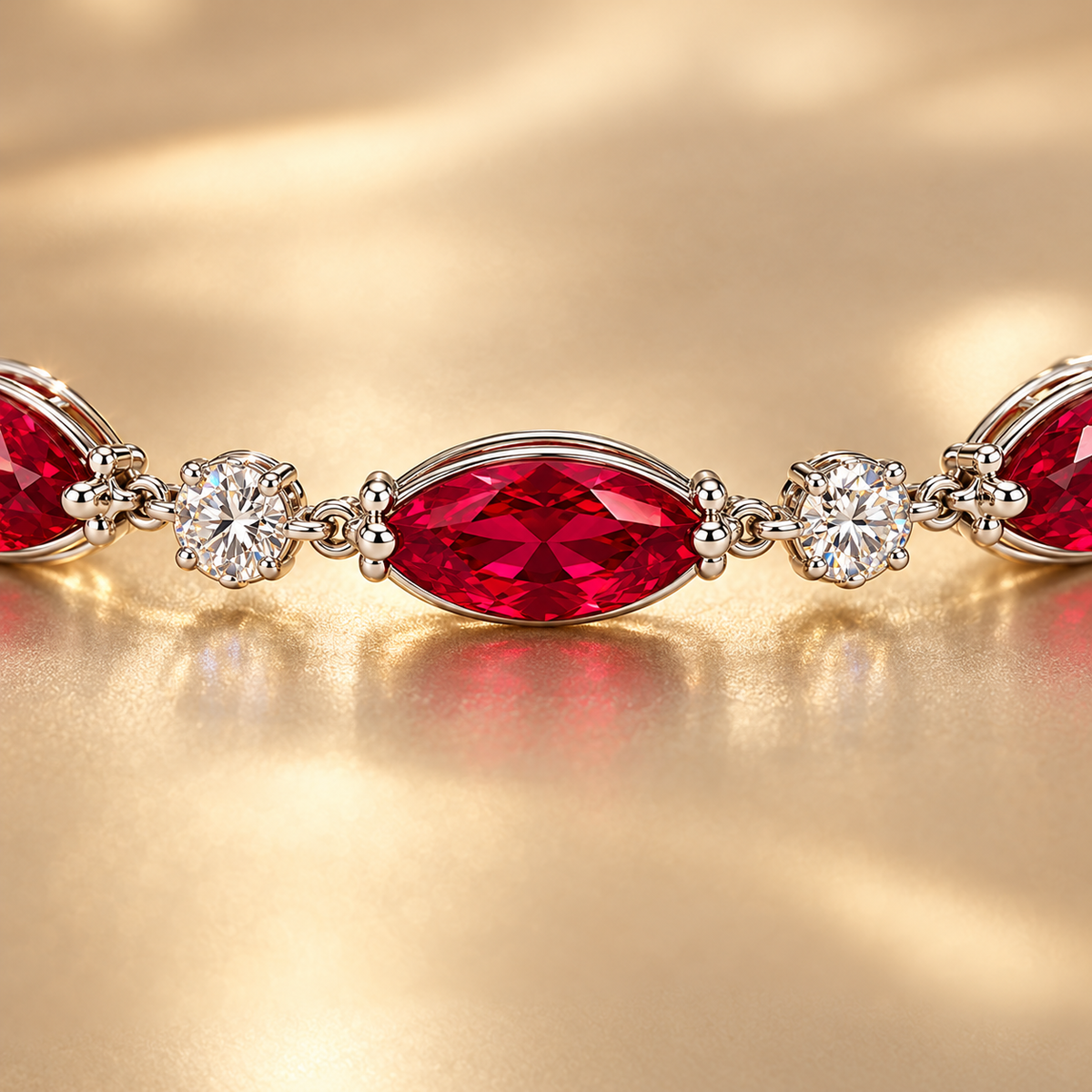 MISSISSI H26-RB04 white gold articulated bracelet with nine graduated marquise lab-grown rubies and ten round lab-grown diamonds. Stone-setting craftsmanship close-up.; design visualization