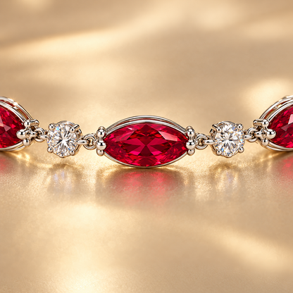 MISSISSI H26-RB04 white gold articulated bracelet with nine graduated marquise lab-grown rubies and ten round lab-grown diamonds. Stone-setting craftsmanship close-up.; design visualization