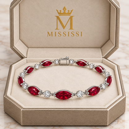 MISSISSI H26-RB04 white gold articulated bracelet with nine graduated marquise lab-grown rubies and ten round lab-grown diamonds. Champagne octagonal MISSISSI packaging visualization.; design visualization