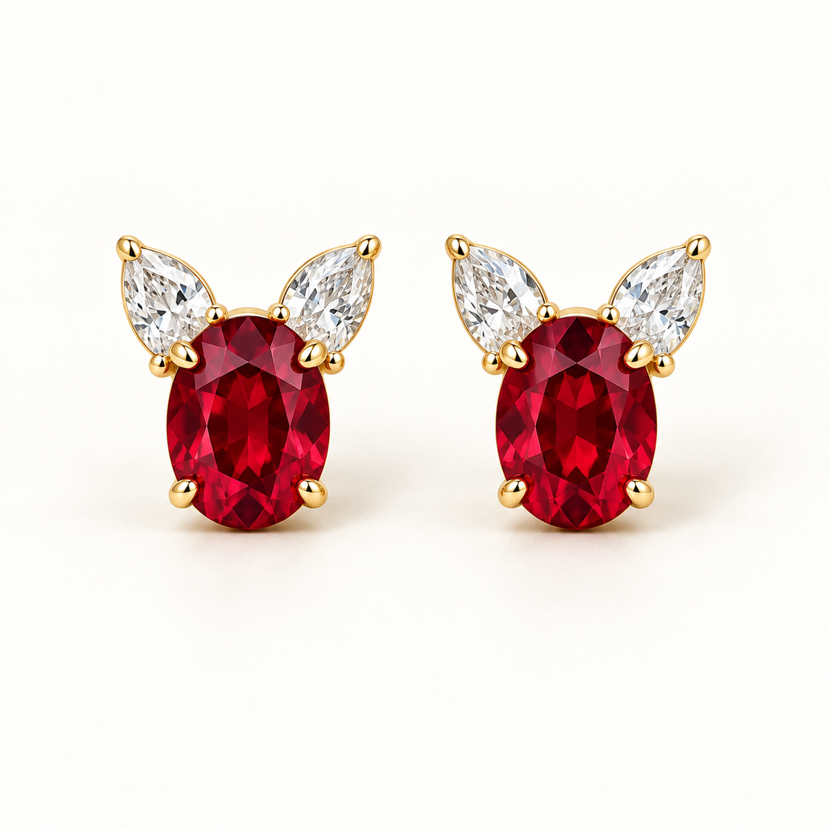 MISSISSI RE01 oval lab-grown ruby stud earring pair with pear-shaped lab-grown diamond petals in yellow gold, front view; design visualization