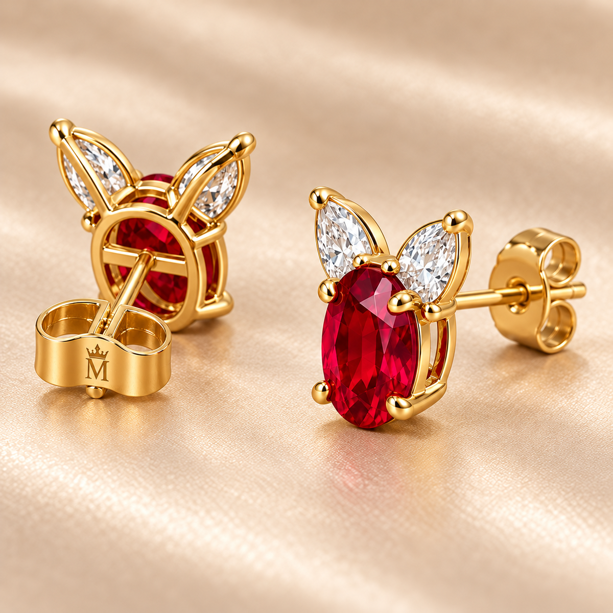 Rear and side view of RE01 yellow gold stud settings, metal post bridge and butterfly closures; design visualization