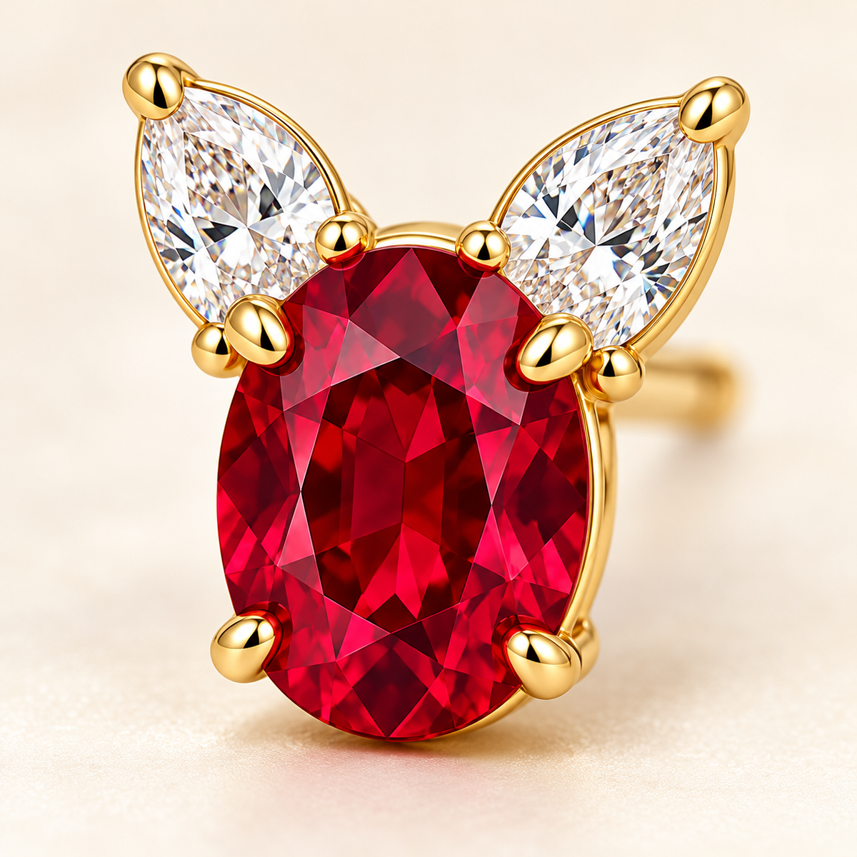 Macro view of RE01 oval red lab-grown ruby, pear-shaped diamond petals and yellow gold prongs; design visualization