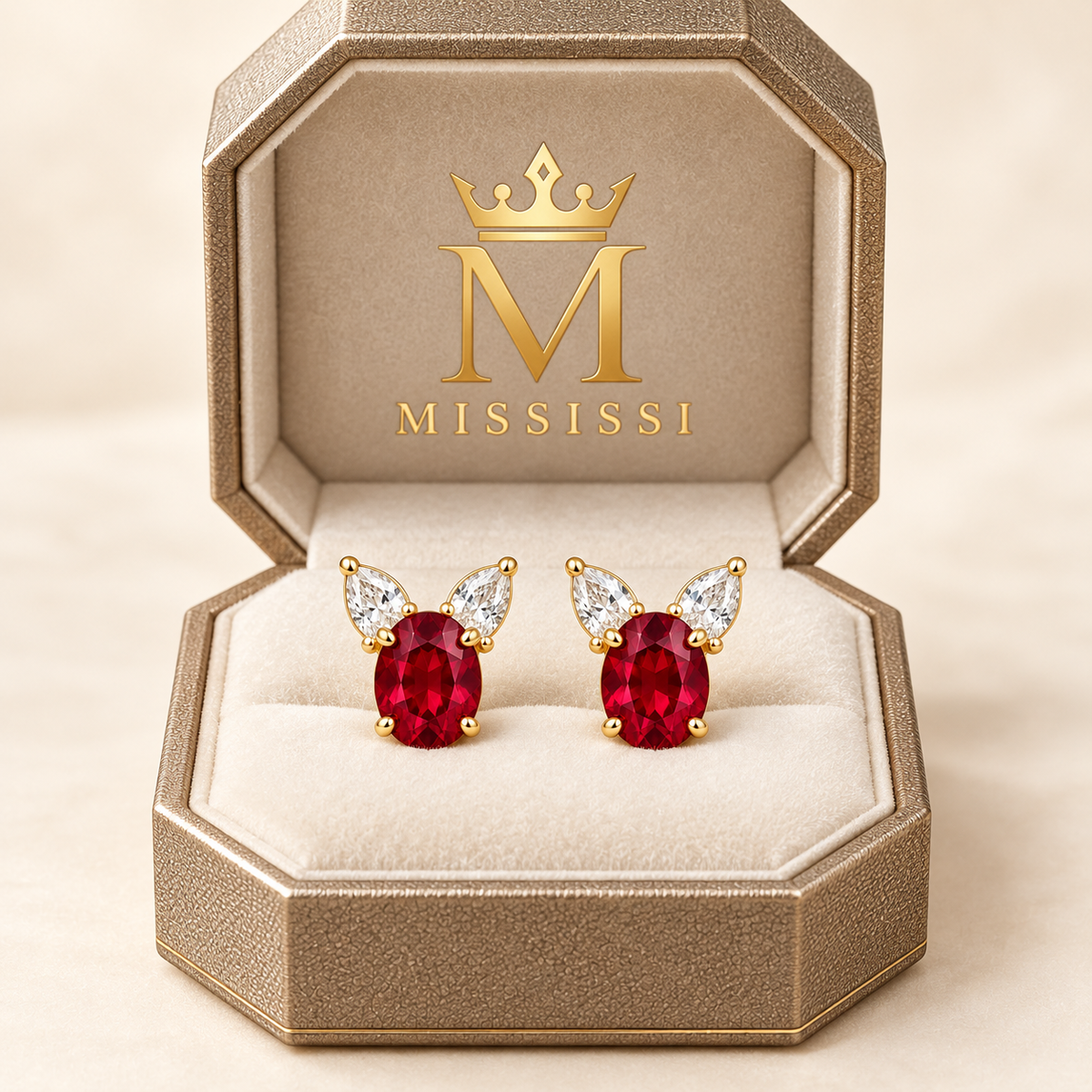 RE01 ruby stud earring pair in champagne octagonal MISSISSI packaging; design visualization