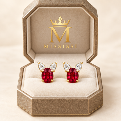RE01 ruby stud earring pair in champagne octagonal MISSISSI packaging; design visualization