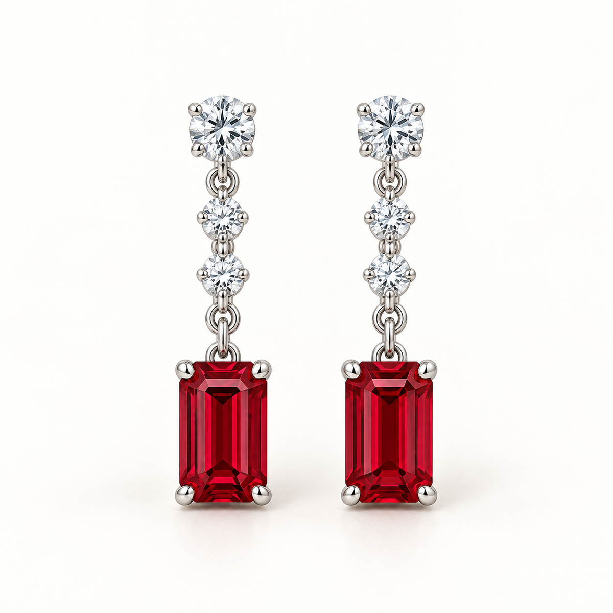MISSISSI RE02 emerald-cut lab-grown ruby drop earring pair with three round lab-grown diamonds per earring in white gold; design visualization