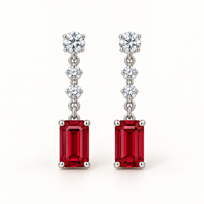 MISSISSI RE02 emerald-cut lab-grown ruby drop earring pair with three round lab-grown diamonds per earring in white gold; design visualization