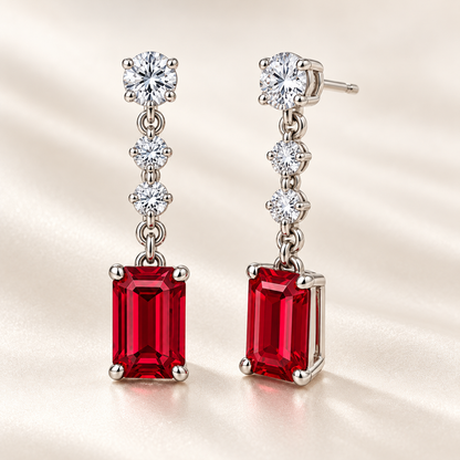Three-quarter view of RE02 white gold ruby and diamond linear drop earrings; design visualization
