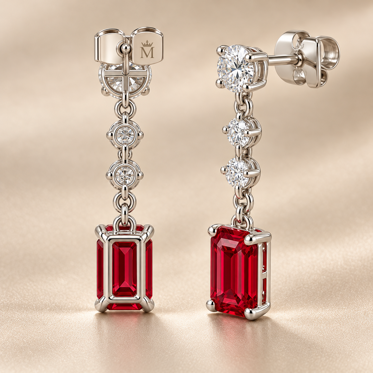 Rear and side view of RE02 ruby drop settings, linked diamonds and butterfly stud closures; design visualization