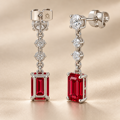 Rear and side view of RE02 ruby drop settings, linked diamonds and butterfly stud closures; design visualization