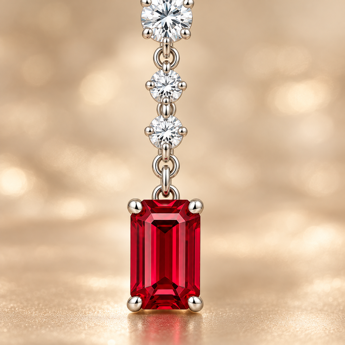 Macro detail of RE02 emerald-cut ruby, white gold prongs and linked round diamonds; design visualization