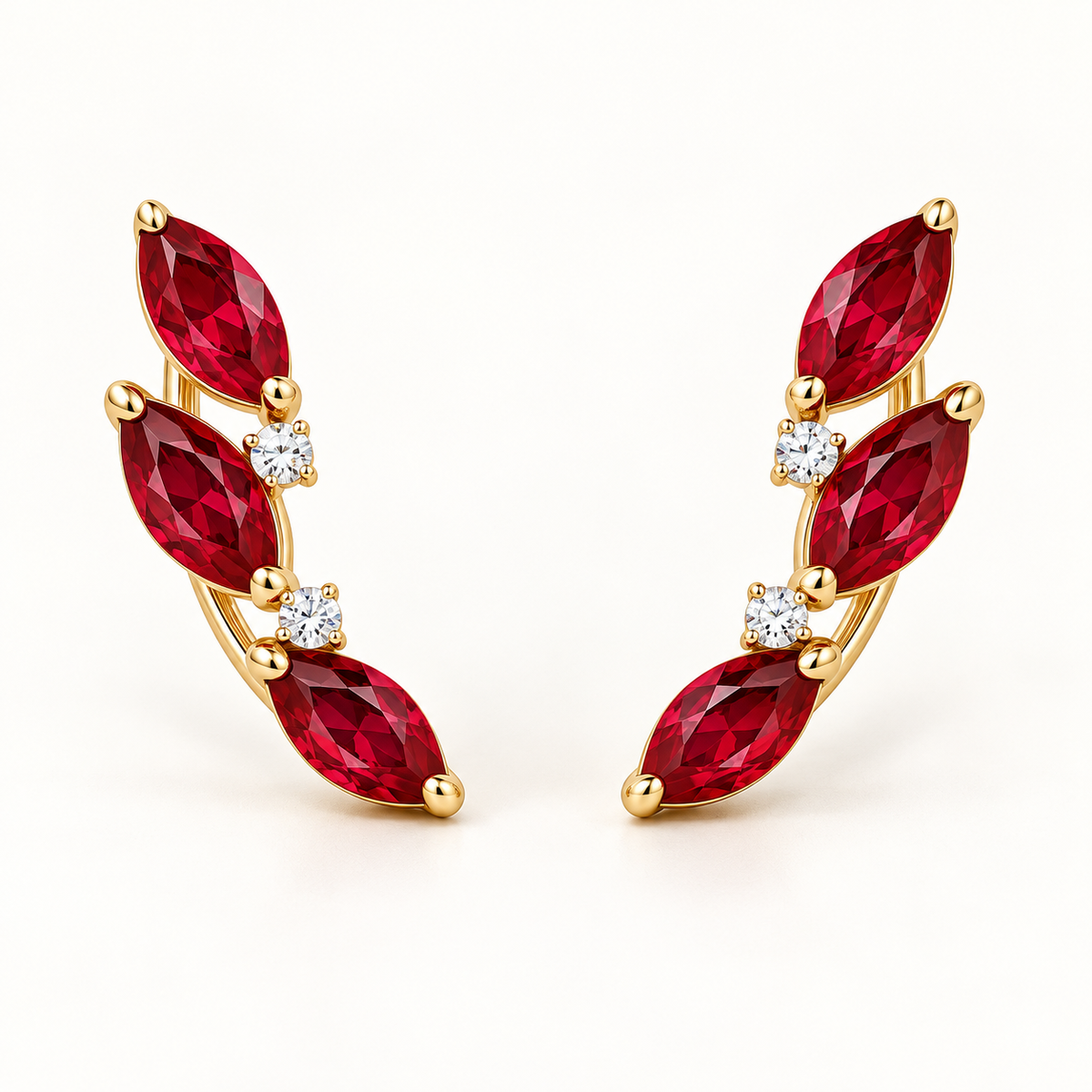 MISSISSI RE03 mirrored marquise lab-grown ruby climber earring pair with round lab-grown diamond accents in yellow gold; design visualization