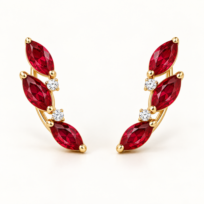 MISSISSI RE03 mirrored marquise lab-grown ruby climber earring pair with round lab-grown diamond accents in yellow gold; design visualization