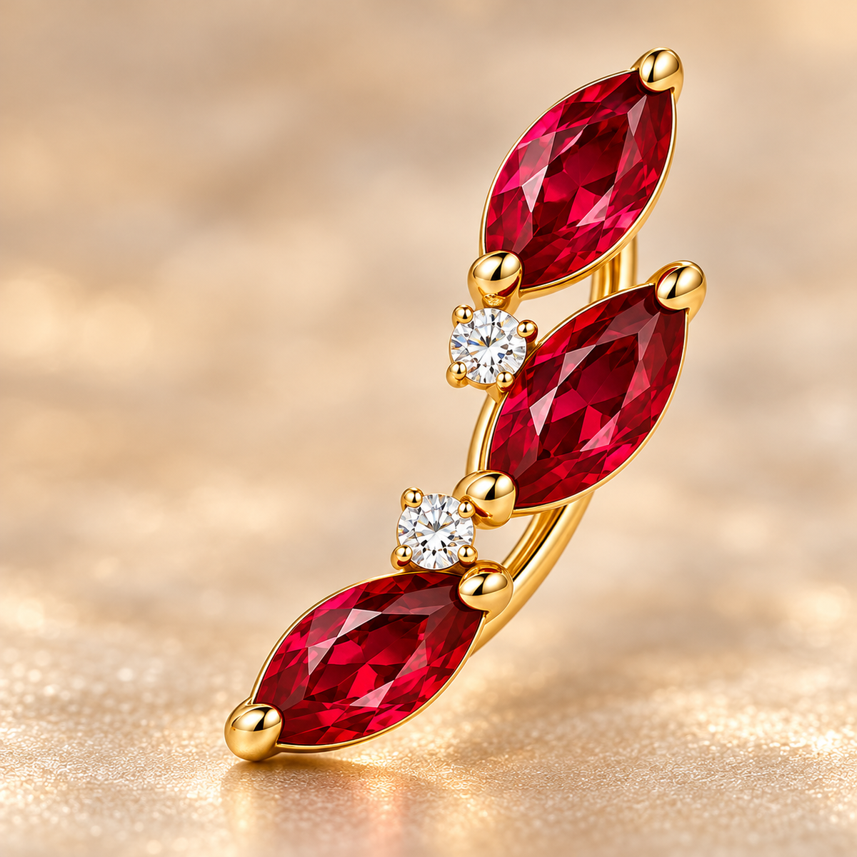 Macro detail of RE03 three marquise rubies, two round diamond accents and yellow gold tip prongs; design visualization