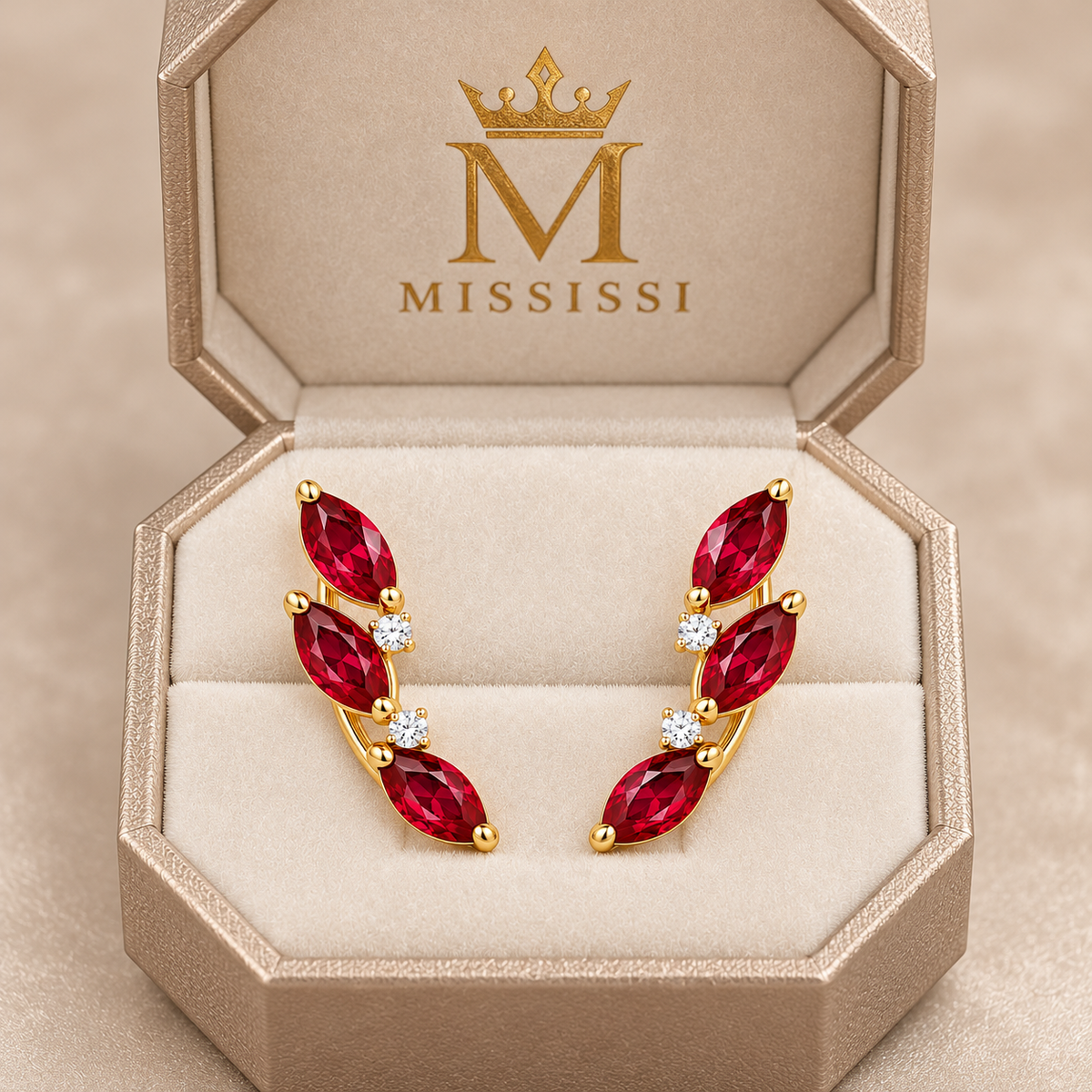 RE03 marquise ruby climber earring pair in champagne octagonal MISSISSI packaging; design visualization