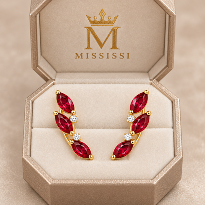 RE03 marquise ruby climber earring pair in champagne octagonal MISSISSI packaging; design visualization