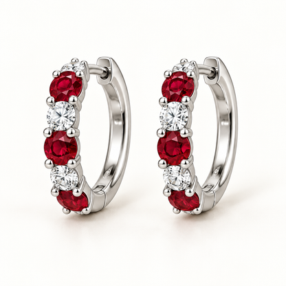 MISSISSI RE04 white gold hoop earring pair with alternating round lab-grown rubies and diamonds; design visualization
