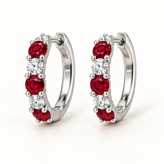 MISSISSI RE04 white gold hoop earring pair with alternating round lab-grown rubies and diamonds; design visualization