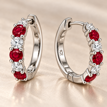 Interior and clasp detail of RE04 white gold ruby and diamond hoops with crown-M engraving; design visualization