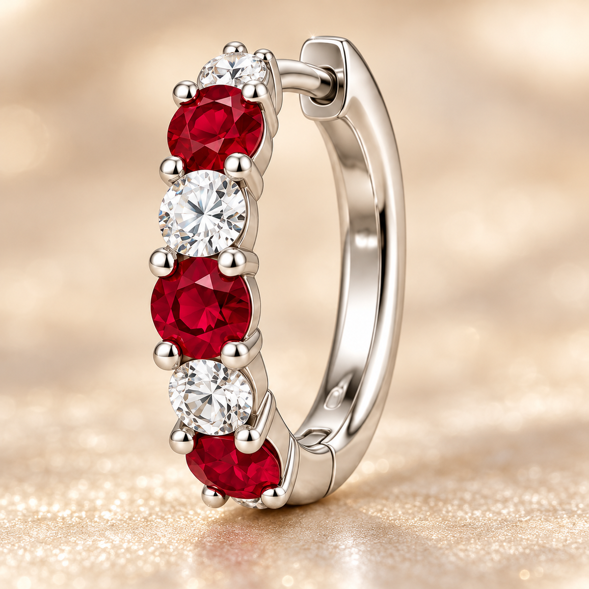 Macro detail of RE04 alternating round rubies and diamonds, white gold prongs and hinged hoop; design visualization
