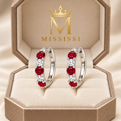 RE04 ruby and diamond hoop pair in champagne octagonal MISSISSI packaging; design visualization