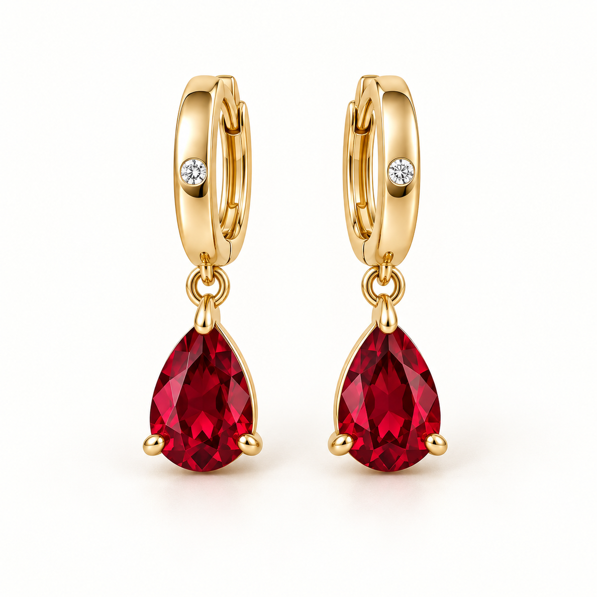 MISSISSI RE05 yellow gold huggie earring pair with pear-shaped lab-grown ruby drops and flush-set round diamond accents; design visualization