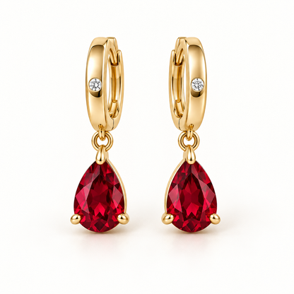 MISSISSI RE05 yellow gold huggie earring pair with pear-shaped lab-grown ruby drops and flush-set round diamond accents; design visualization