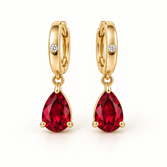 MISSISSI RE05 yellow gold huggie earring pair with pear-shaped lab-grown ruby drops and flush-set round diamond accents; design visualization