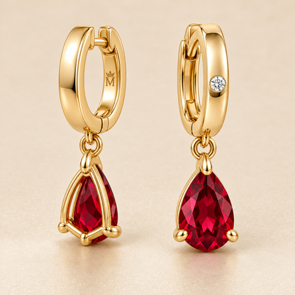 Rear and side view of RE05 huggie closures, crown-M engraving and pear ruby baskets; design visualization