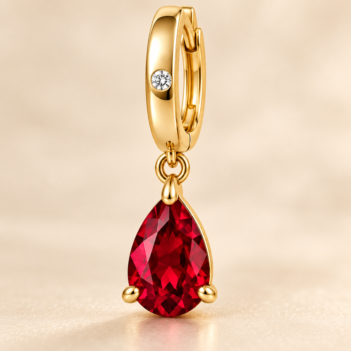 Macro detail of RE05 pear-shaped ruby, yellow gold prongs, fixed links and flush-set diamond; design visualization