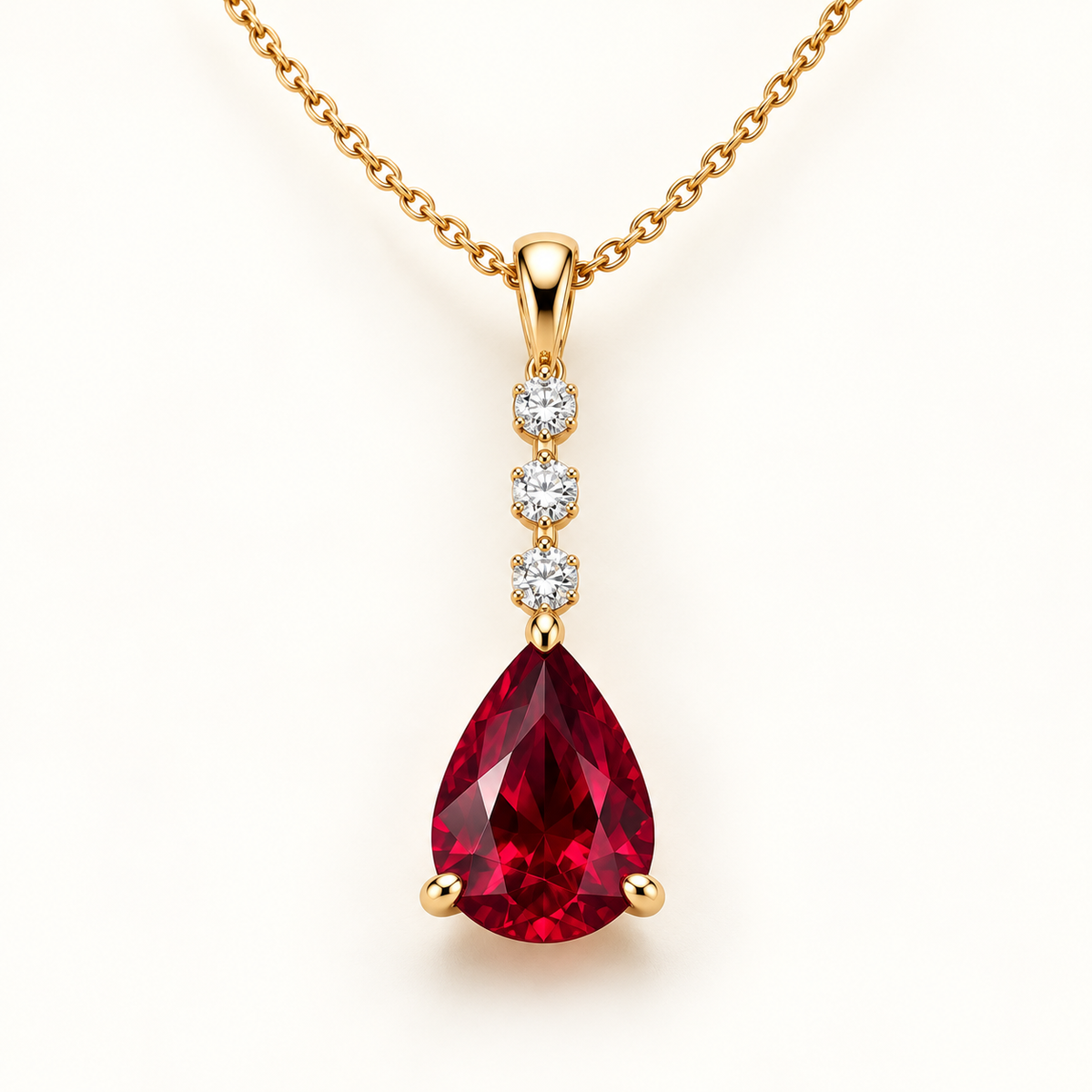 MISSISSI pear lab-grown ruby necklace with three round lab-grown diamond accents in yellow gold; design visualization