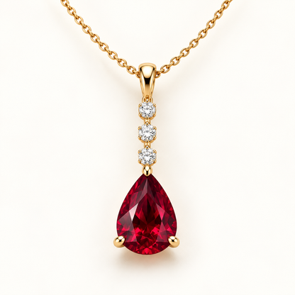 MISSISSI pear lab-grown ruby necklace with three round lab-grown diamond accents in yellow gold; design visualization