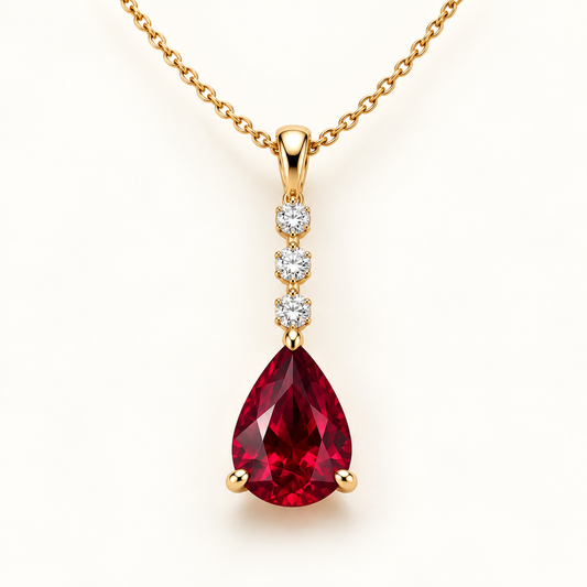 MISSISSI pear lab-grown ruby necklace with three round lab-grown diamond accents in yellow gold; design visualization