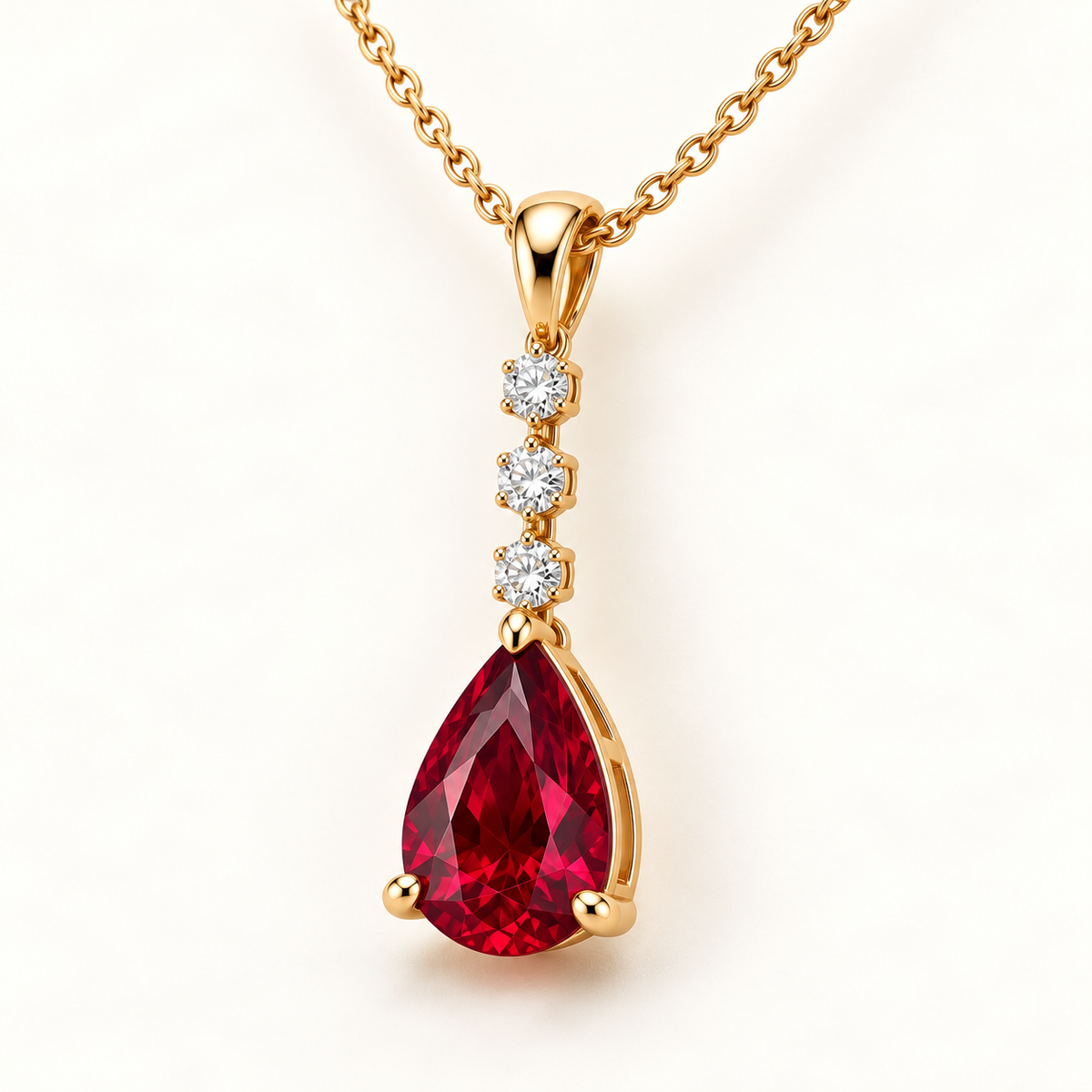 Three-quarter view of MISSISSI pear lab-grown ruby necklace in yellow gold; design visualization