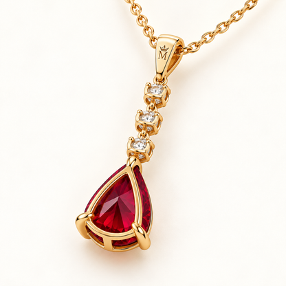Rear setting and crown-M engraving of MISSISSI pear lab-grown ruby necklace; design visualization