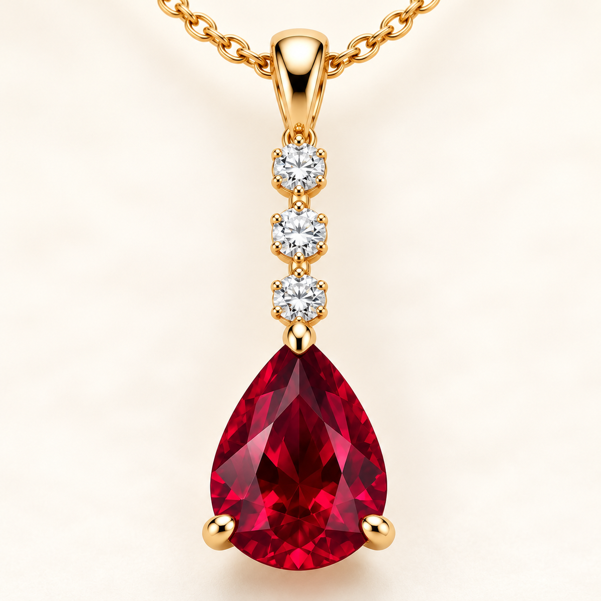 Close detail of pear lab-grown ruby and three round lab-grown diamonds; design visualization