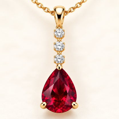 Close detail of pear lab-grown ruby and three round lab-grown diamonds; design visualization