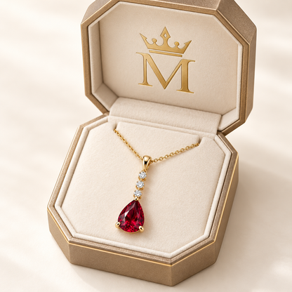 MISSISSI pear lab-grown ruby necklace in a champagne octagonal crown-M presentation box; design visualization