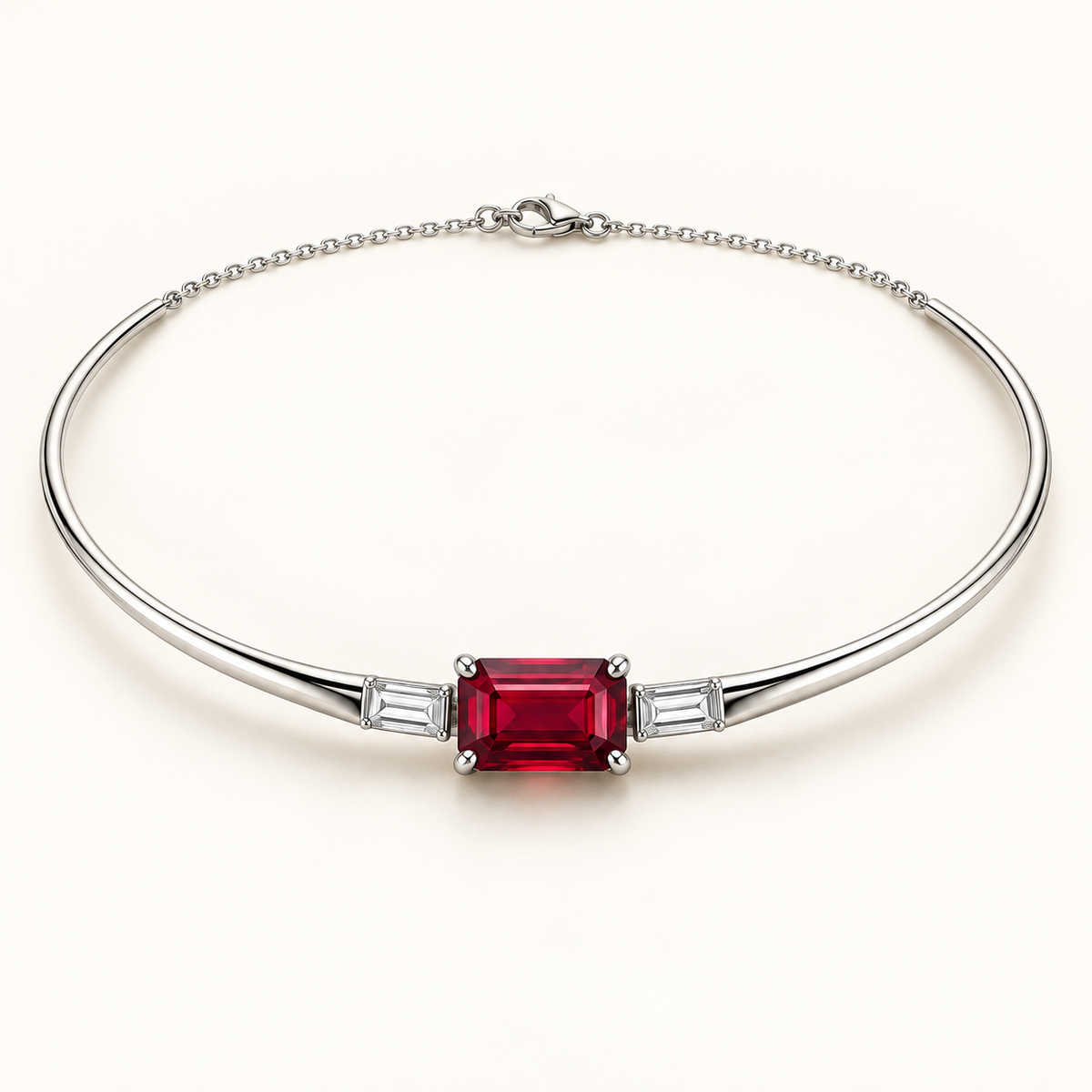 MISSISSI east-west emerald-cut lab-grown ruby collar necklace with two baguette lab-grown diamonds in white gold; design visualization